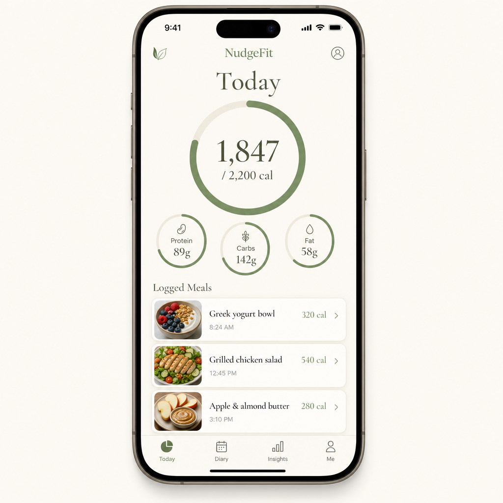 NudgeFit app showing today's calorie ring, macro breakdown, and logged meals